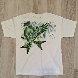 White Kids Short-Sleeve Graphic Tee with Neon Green Skull & Guitar